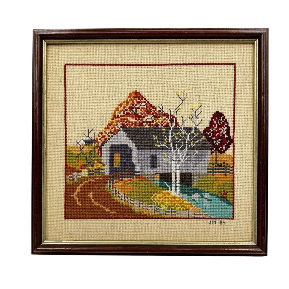 Completed Cross Stitch Needlepoint Covered Bridge 1985 Framed 10x11in